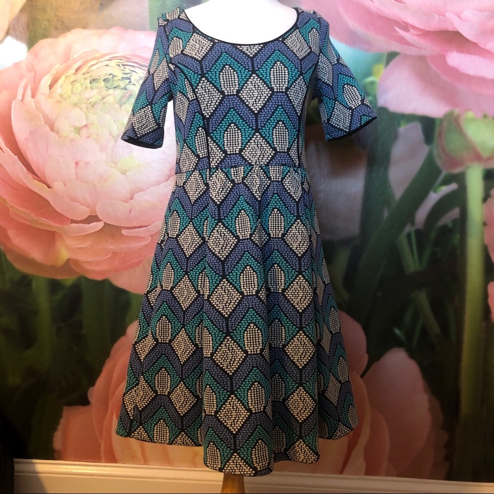 Anthropologie blue, teal, cream & black dress